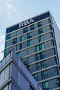 Barcelona, Spain - August 1, 2021. Logo and facade of RBA, a Spanish communication group founded in Barcelona in 1981 with a