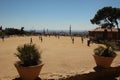 Barcelona, Spain, August 2015. Potted plants in an open area in Gaudi Park.