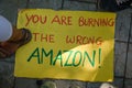 BARCELONA, SPAIN - AUGUST 23, 2019: Protest sign on the floor during a demonstration outside the Embassy of Brazil over fires in