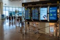 Barcelona, Spain. August 2019: Screens showing flight departures in Terminal 2 of Barcelona international airport.