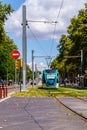 Barcelona, Spain - August 1, 2021. Tramway, Tram, circulating on the road in Barcelona, Spain