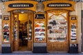 Barcelona, Spain-August 18, 2022. Wooden door of the entrance of an old haberdashery in the gothic quarter of Barcelona, Spain Royalty Free Stock Photo