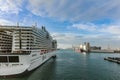 Beautiful view of MSC WORLD EUROPA cruise ship traveling over blue sea Royalty Free Stock Photo