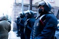 Barcelona, spain - 2 december 2020: close up of mossos d`esquadra catalan police force man. Line of anti riot catalan police read