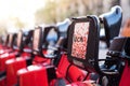 Barcelona, Spain - December 23, 2019 - Red bicycles belonging to the public transportation sharing service Bicing. Royalty Free Stock Photo