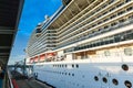 View of MSC WORLD EUROPA cruise ship stands in passenger port of Barcelona Royalty Free Stock Photo