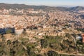 Barcelona, Spain - Feb 24, 2020: Aerial drone shot of Turo de la Rovira hill in morning