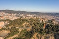 Barcelona, Spain - Feb 24, 2020: Pano aerial drone shot of Turo de la Rovira hill in morning