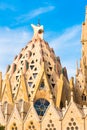 BARCELONA, SPAIN - FEBRUARY 16, 2017: Cathedral of Sagrada Familia. The famous project of Antonio Gaudi. Close-up. Copy space. Royalty Free Stock Photo