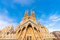 BARCELONA, SPAIN - FEBRUARY 16, 2017: Cathedral of Sagrada Familia. The famous project of Antonio Gaudi. Copy space for tex Royalty Free Stock Photo