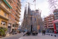 BARCELONA, SPAIN - FEBRUARY 16, 2017: Cathedral of Sagrada Familia. The famous project of Antonio Gaudi. Copy space for text. Royalty Free Stock Photo