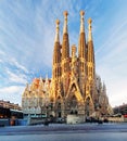 BARCELONA, SPAIN - FEBRUARY 10: La Sagrada Familia - the impressive cathedral designed by Gaudi, which is being build since 19 Royalty Free Stock Photo