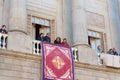 Barcelona, Spain. 11 february 2018: mayor of barcelona ada colau standing on balcony outside barcelona city hall