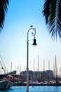 BARCELONA, SPAIN - FEBRUARY 12, 2014: A view to a pier with yachts, a seagull sitting on a street lamp