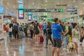 04.08.2023. Barcelona, Spain, Interior of the Sants station in Barcelona full of people from one side to the other