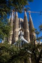 Barcelona, Spain - January 25, 2022: Construction of Sagrada Familia in Barcelona. Cranes above the church, Royalty Free Stock Photo