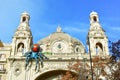 Facade of the Coliseum Cinema, decorated with a huge spider figure in Barcelona, Spain