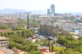 BARCELONA, SPAIN - JULY 12, 2018: panoramic view of Barcelona with Portal de la pau square, Port Vell marina and Columbus Monument