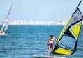 Barcelona, Spain, July 22, 2019: Windsurf Initiation. Man learning to turn the sail