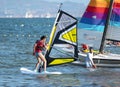 Barcelona, Spain, July 22, 2019: Windsurf Initiation. Man learning to turn the sail