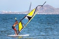 Barcelona, Spain, July 22, 2019: Windsurf Initiation. Man learning to turn the sail