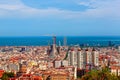 Aerial Panorama view of Barcelona city skyline and Sagrada familia