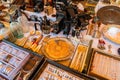 Antique objects, coins, jewels, tableware and other utensils at a flea market