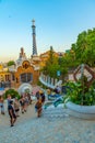 BARCELONA, SPAIN, JUNE 28, 2019: People are strolling through Parc Guell in Barcelona, Spain