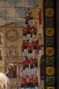 BARCELONA, SPAIN JUNE 22, 2019: A picture of a mosaic showing people taking part in acrobatic competitions in setting up a tower