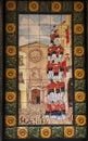 BARCELONA, SPAIN JUNE 22, 2019: A picture of a mosaic showing people taking part in acrobatic competitions in setting up a tower