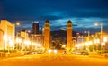 Barcelona, Spain - June 26, 2021: Queen Maria Cristina avenue and square of Spain at night. Barcelona