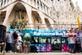 Barcelona, spain -  20 june 2019: touristic sightseeing bus in front of sagrada familia landmark cathedral, symbol of mass tourism Royalty Free Stock Photo