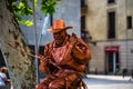 Barcelona, Spain Ã¢â¬â 2019. Man dressed as cowboy gives live statue performance at famous La Rambla street