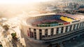 BARCELONA,SPAIN-March 11: Aerial view of empty iconic football stadium Capm Nou.Stadium of footbal club Barcelona at sunset, in