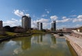 Barcelona,Spain, March 2016: artificial river in parc Diagonal Mar with view on modern skycaps