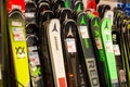 Barcelona, Spain - March 10, 2021: Diversity of skis for sale in store of sports equipment