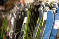 Barcelona, Spain - March 10, 2021: Diversity of skis for sale in store of sports equipment