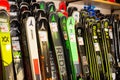 Barcelona, Spain - March 10, 2021: Diversity of skis for sale in store of sports equipment