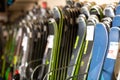 Barcelona, Spain - March 10, 2021: Diversity of skis for sale in store of sports equipment