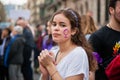 Barcelona, Spain - March 08, 2020: International Women`s day demonstration, center of Barcelona