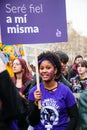 Barcelona, Spain - March 08, 2020: International Women`s day demonstration, center of Barcelona