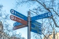 BARCELONA, SPAIN - March 14, 2019: Landmarks sign with directions on the street in Barcelona city