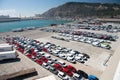 Barcelona, Spain - March 30, 2016: new cars on parking in sea port. Auto export and car import. Vehicles shipment. Car