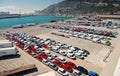 Barcelona, Spain - March 30, 2016: new cars on parking in sea port. Auto export and car import. Vehicles shipment. Car