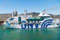 Barcelona, Spain - March 30, 2016: passenger vessel GNV Rhapsody Genova in sea port. Cruise destination and vessel trip Royalty Free Stock Photo