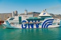 Barcelona, Spain - March 30, 2016: passenger vessel GNV Rhapsody Genova in sea port. Cruise destination and vessel trip Royalty Free Stock Photo