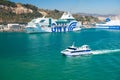 Barcelona, Spain - March 30, 2016: pleasure boat and cruise ships GNV, Grimaldi Lines in sea. Water transportation of Royalty Free Stock Photo