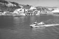 Barcelona, Spain - March 30, 2016: pleasure boat and cruise ships GNV, Grimaldi Lines in sea. Water transportation of Royalty Free Stock Photo