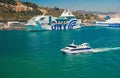 Barcelona, Spain - March 30, 2016: pleasure boat and cruise ships GNV, Grimaldi Lines in sea. Water transportation of Royalty Free Stock Photo