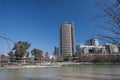 Barcelona,Spain, March 2016: river in parc Diagonal Mar with view on modern skycaps